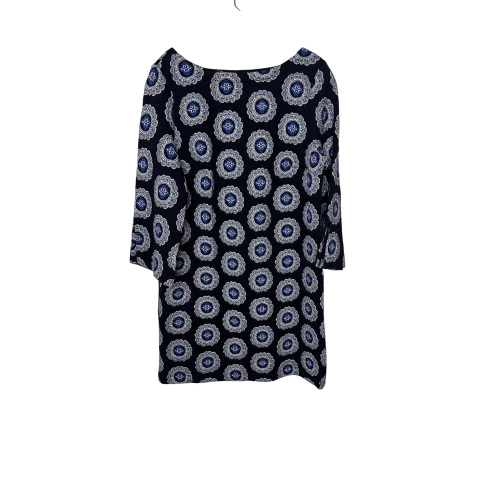 LOFT Women Navy Blue Medallion Jacquard Knit Shift‎ Dress 3/4 Sleeve Small NEW